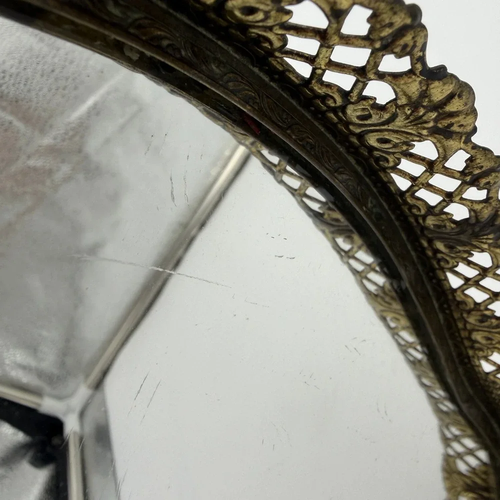 Vintage Ornate Gold Filigree Mirror Vanity Tray Kidney Shaped Hollywood Regency